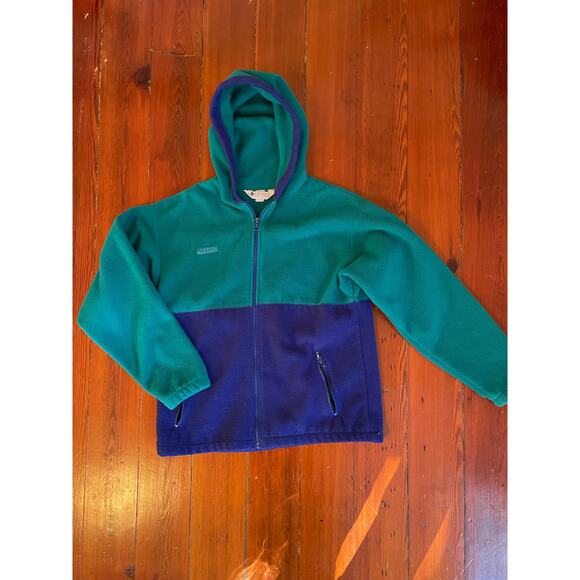 Vintage Columbia Sportswear Hooded Fleece Jacket Green Purple Zip Up M/L - Picture 1 of 7